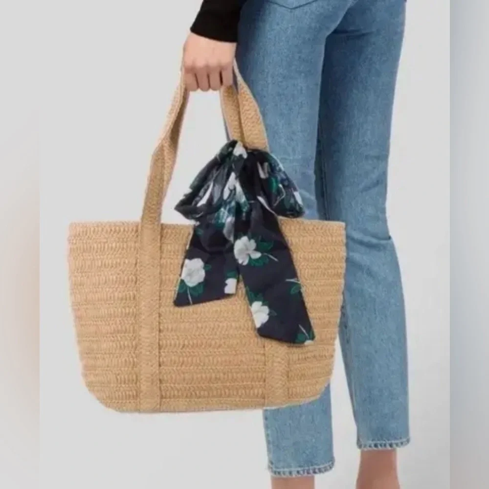 Draper James straw bag Everyday Woven Tan Tote includes Magnolia Scarf Tie - Picture 2 of 10